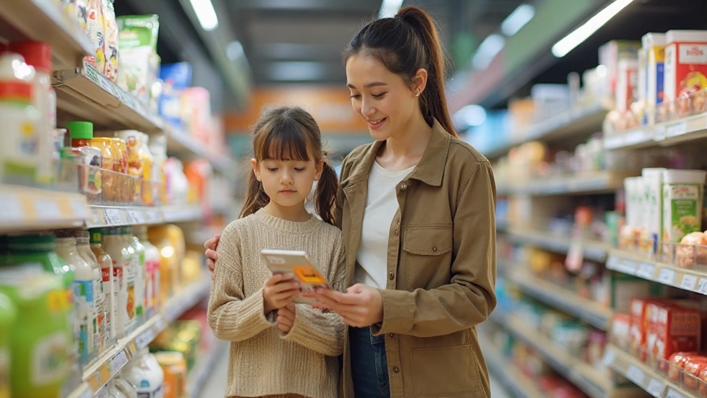 Семья выбирает продукты в супермаркете, сравнивая цены и читая этикетки товаров