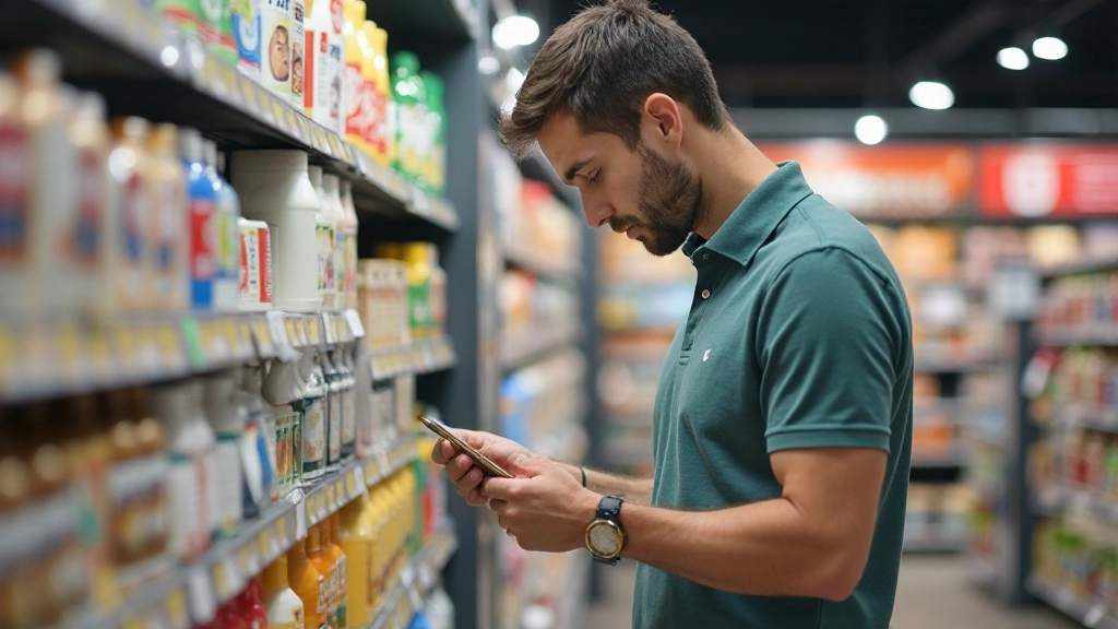 Покупатель тщательно выбирает продукты и проверяет этикетки в продуктовом магазине