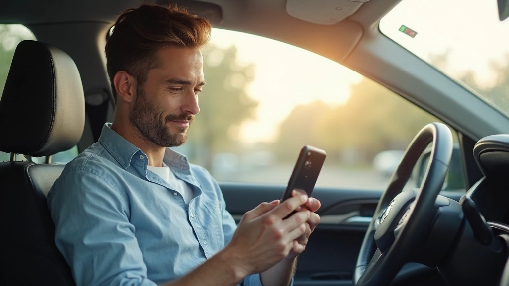Профессиональное фото человека, планирующего маршрут с использованием мобильного приложения в автомобиле