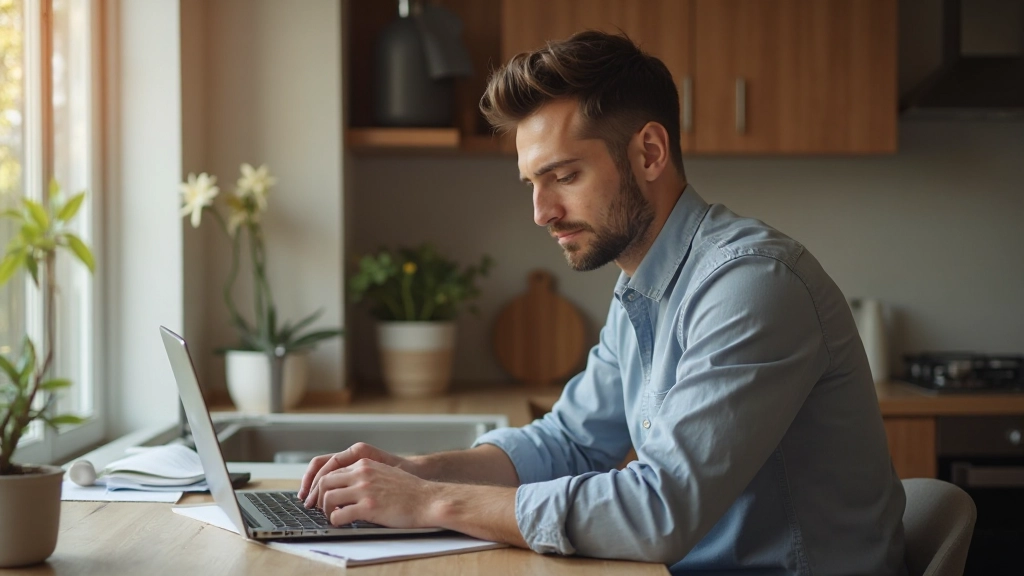 Человек анализирует расходы и платежи на экране ноутбука в кухне