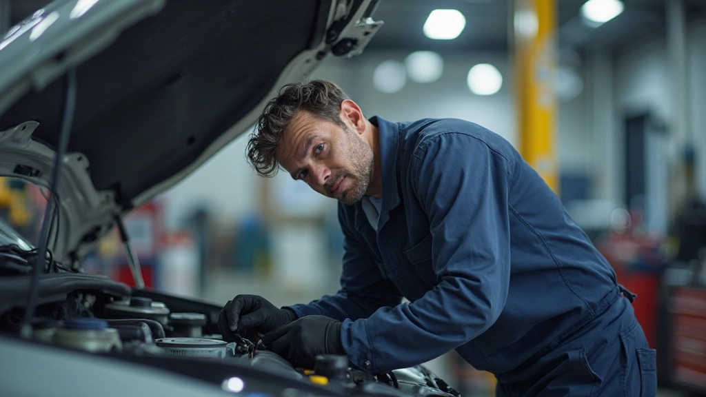 Профессиональное фото автомеханика, проверяющего техническое состояние автомобиля на станции техническое обслуживание