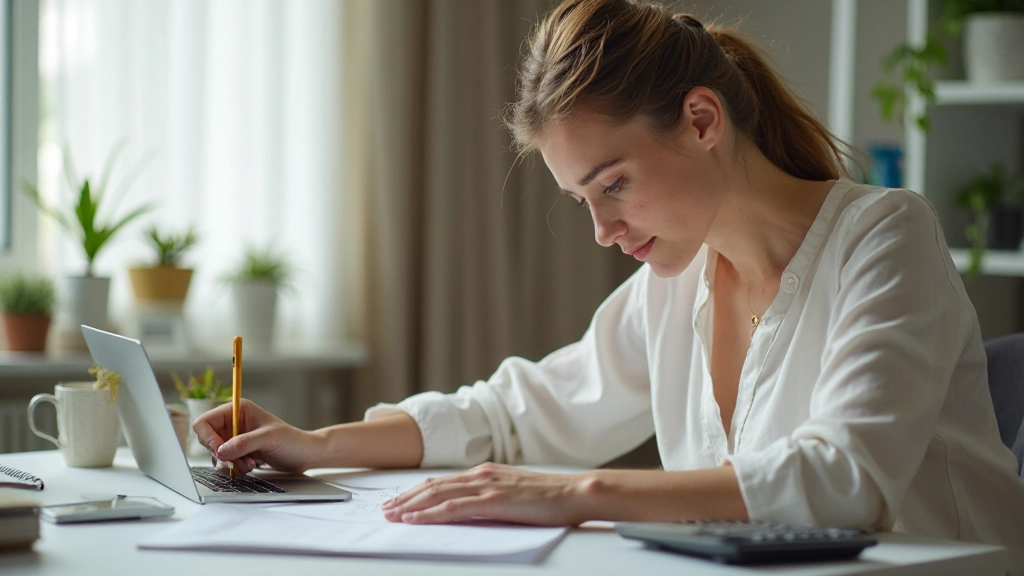 Женщина составляет план домашнего бюджета за письменным столом с блокнотом и калькулятором