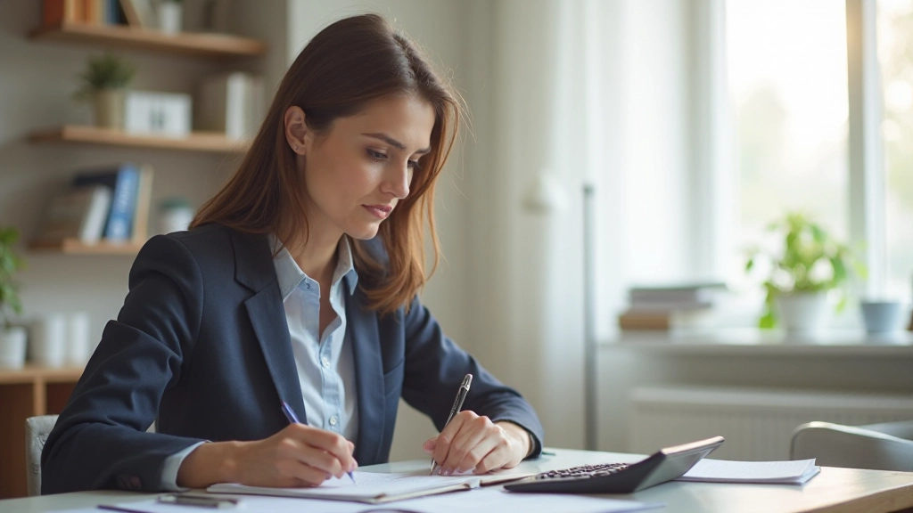 Женщина составляет план домашнего бюджета за письменным столом с блокнотом и калькулятором